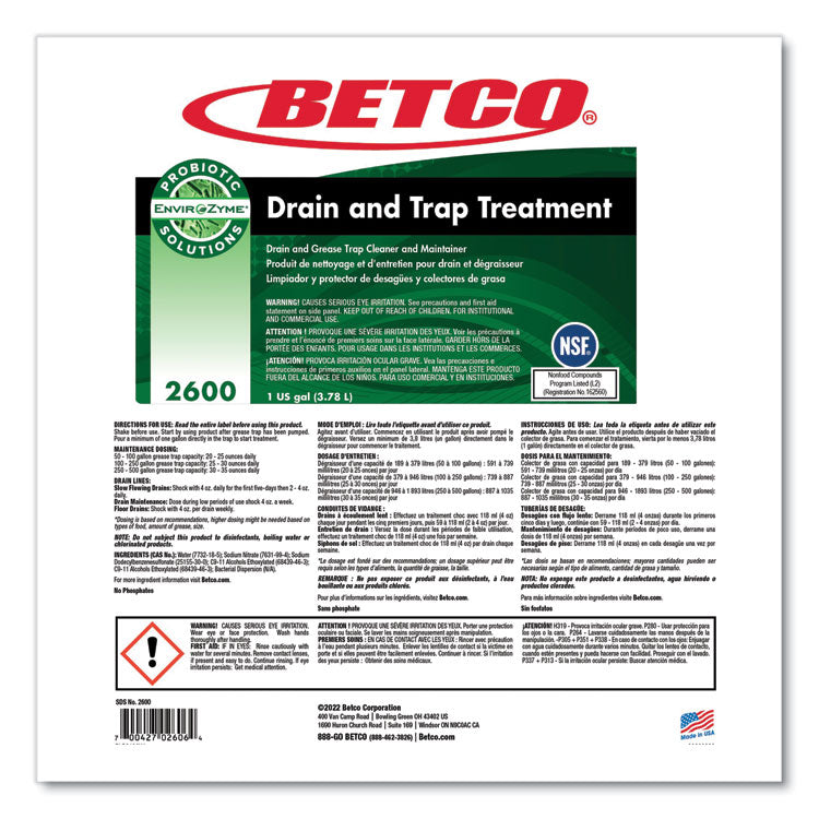 BioActive Solutions Drain and Trap Treatment, Ocean Scent, 1 gal Bottle, 4/Carton