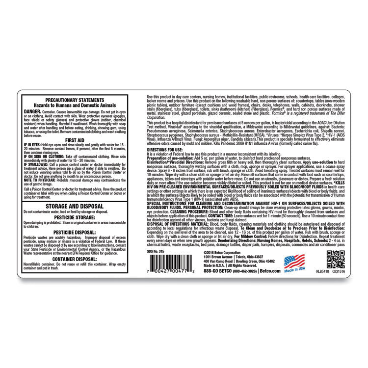 AF315 Disinfectant Cleaner, Citrus Floral Scent, 2 L Bottle, 4/Carton