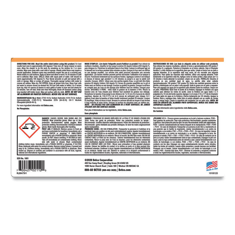 Oven Fryer Grill Cleaner, Characteristic Scent, 1 gal Bottle, 4/Carton