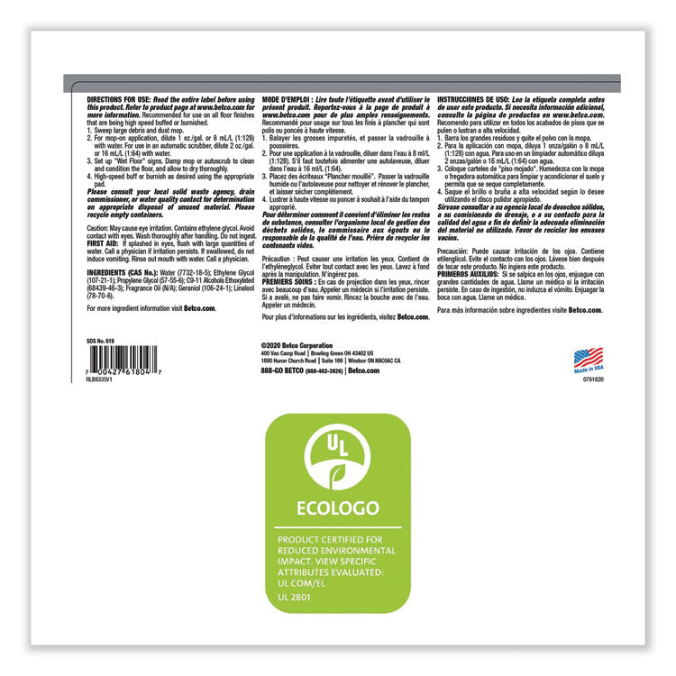 One Step Floor Restorer, Lemon Scent, 1 gal Bottle, 4/Carton