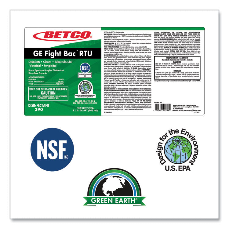 GE Fight Bac RTU Disinfectant, Fresh Scent, 32 oz Bottle, 12/Carton