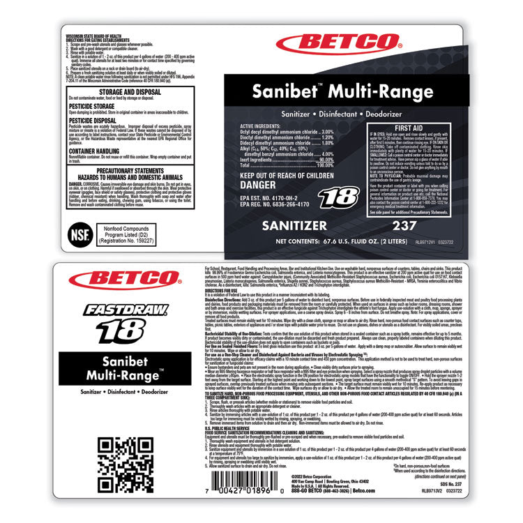 Symplicity Sanibet Multi-Range Sanitizer Disinfectant Deodorizer, 2 L Bottle, 4/Carton