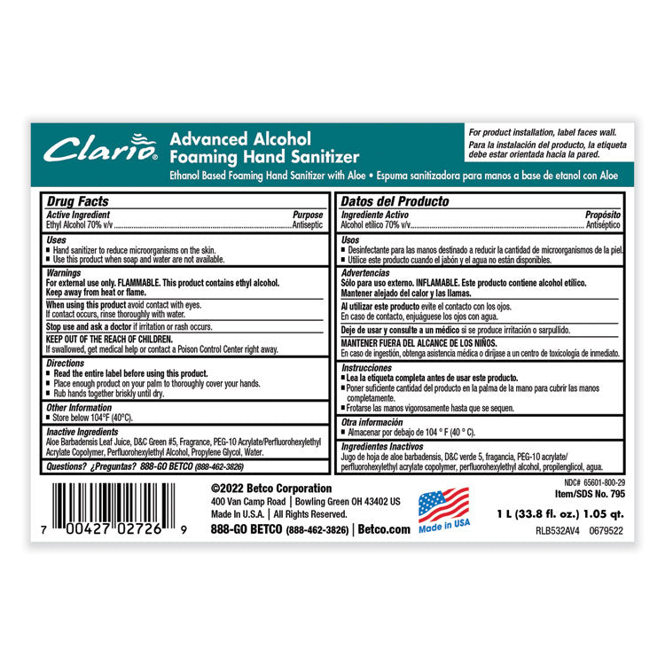 Clario Advanced Alcohol Foaming Sanitizer, 1,000 mL Bag, Citrus, 6/Carton