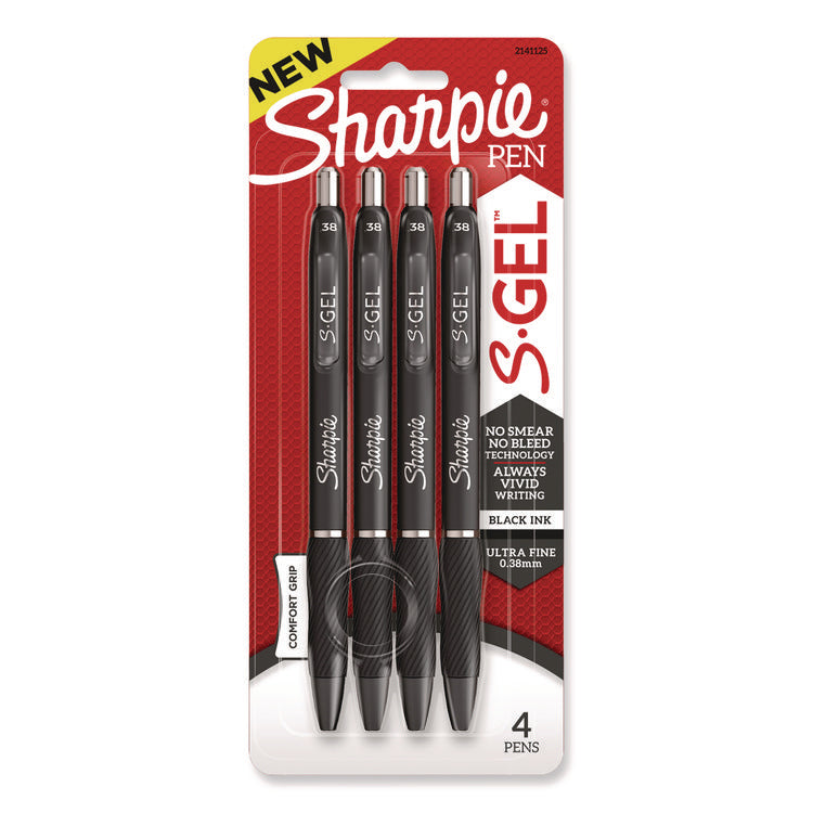 S-Gel High-Performance Gel Pen, Retractable, Extra-Fine 0.38 mm, Black Ink, Black Barrel, 4/Pack