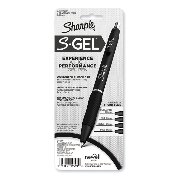 S-Gel High-Performance Gel Pen, Retractable, Extra-Fine 0.38 mm, Black Ink, Black Barrel, 4/Pack