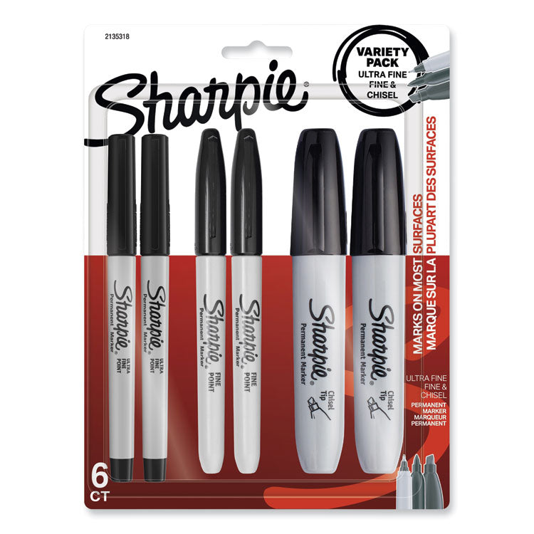 Mixed Point Size Permanent Markers, Assorted Tip Sizes/types, Black, 6/pack