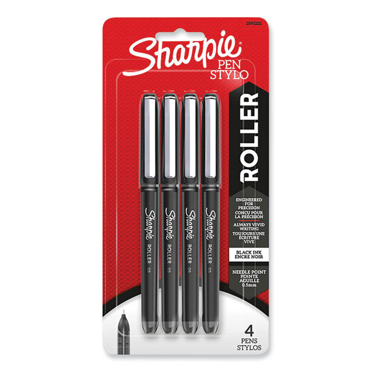 Professional Design Rollerball Pen, Stick, Fine 0.5 mm, Black Ink, Black Barrel, 4/Pack