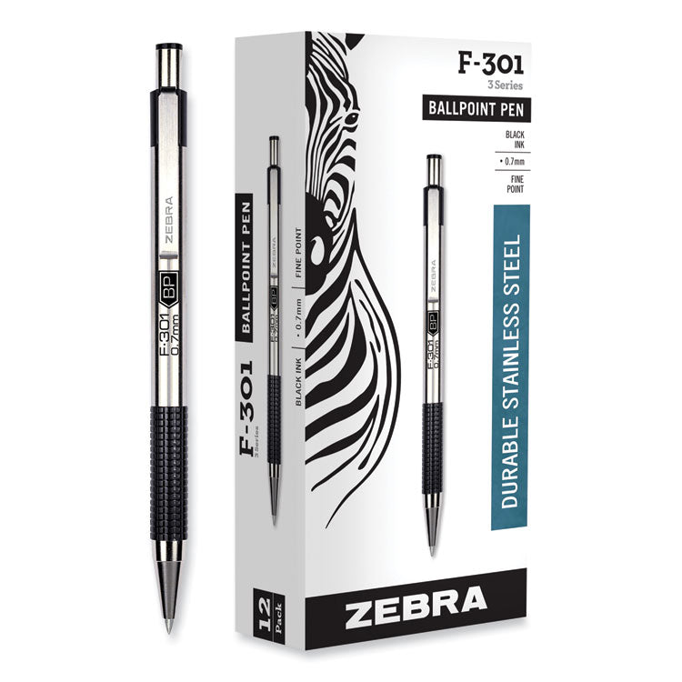 F-301 Ballpoint Pen, Retractable, Fine 0.7 mm, Black Ink, Stainless Steel/Black Barrel, Dozen