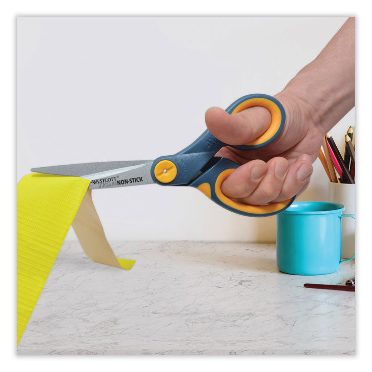 Non-Stick Titanium Bonded Scissors, 8" Long, 3.25" Cut Length, Straight Gray/Yellow Handle, 3/Pack