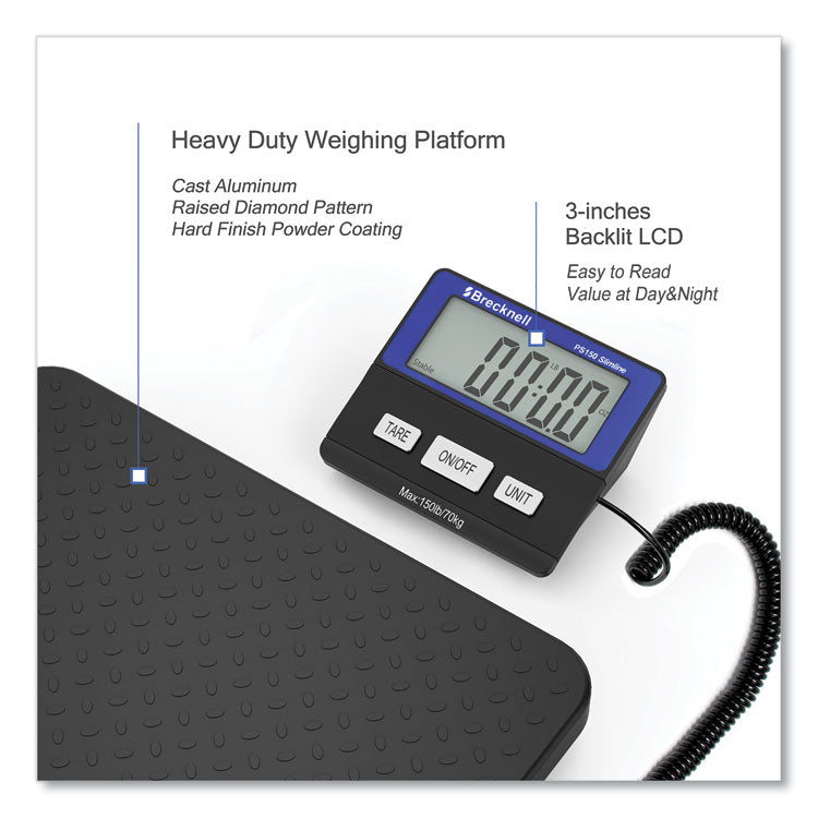 PS150 Slimline Portable Bench Scale, 150 lbs/70 kg Capacity, 11.8 x 11.8 x 1.34 Platform, Black
