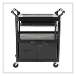 Utility Cart with Locking Doors, Plastic, 3 Shelves, 200 lb Capacity, 33.63" x 18.63" x 37.75", Black