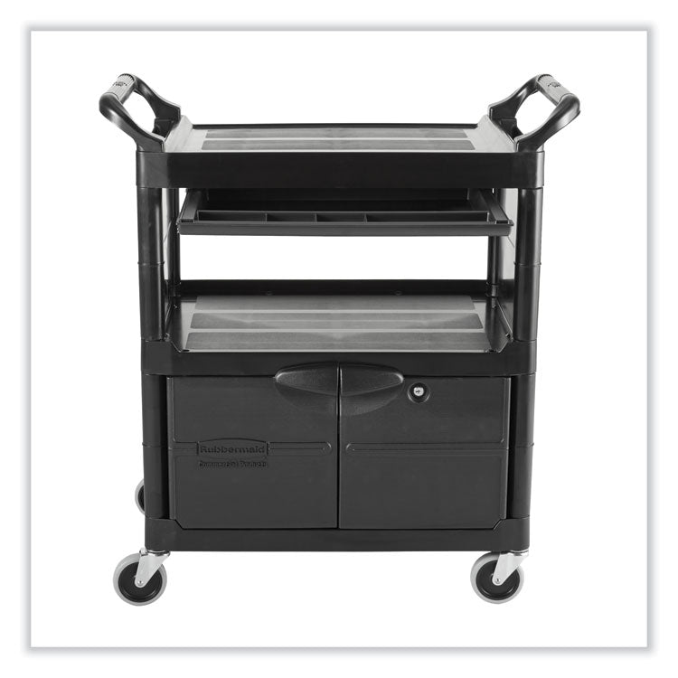 Utility Cart with Locking Doors, Plastic, 3 Shelves, 200 lb Capacity, 33.63" x 18.63" x 37.75", Black