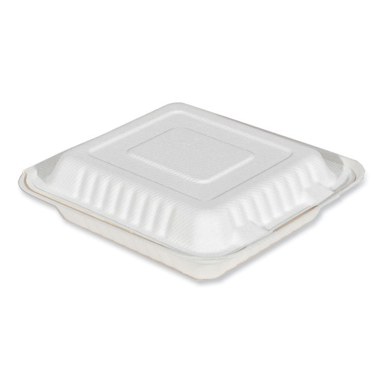 ChampWare Molded-Fiber Clamshell Containers, 8 x 8, White, Sugarcane, 200/Carton