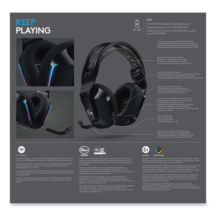 G733 LIGHTSPEED Wireless Gaming Binaural Over The Head Headset, Black