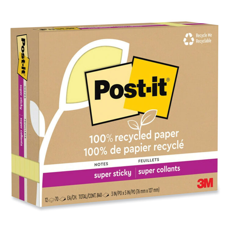 100% Recycled Paper Super Sticky Notes, 3" x 5", Canary Yellow, 70 Sheets/Pad, 12 Pads/Pack