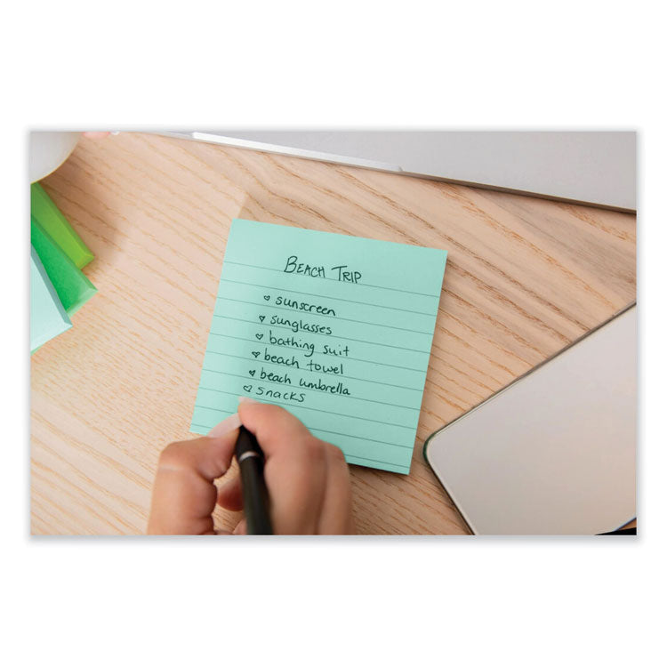 100% Recycled Paper Super Sticky Notes, Ruled, 4" x 4", Oasis, 70 Sheets/Pad, 3 Pads/Pack