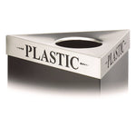 Triangular Lid for Trifecta Receptacle, Laser Cut "PLASTIC" Inscription, 20w x 20d x 3h, Stainless Steel