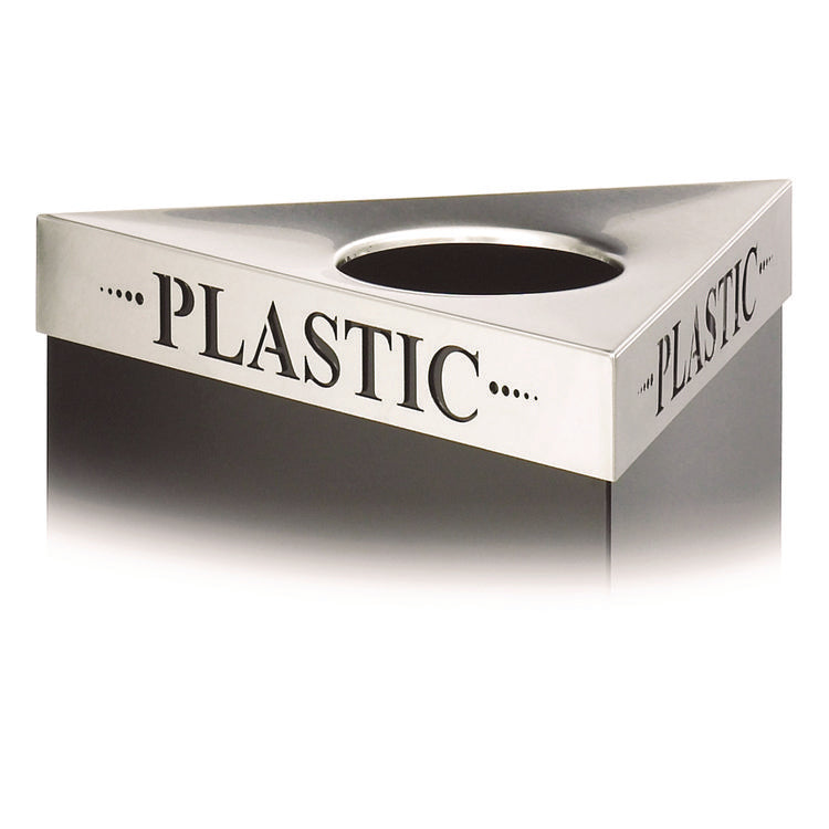 Triangular Lid for Trifecta Receptacle, Laser Cut "PLASTIC" Inscription, 20w x 20d x 3h, Stainless Steel