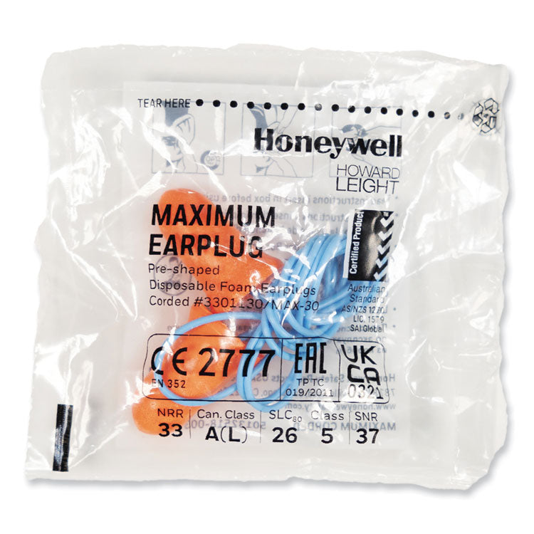 MAXIMUM Single-Use Earplugs, Corded, 33NRR, Coral, 100 Pairs