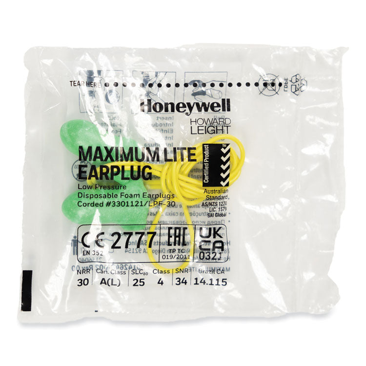 MAXIMUM Lite Single-Use Earplugs, Corded, 30NRR, Green, 100 Pairs