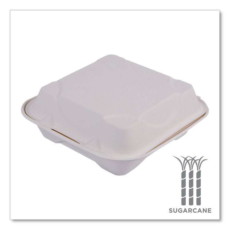 Molded Fiber Hinged Clamshell Containers, 8 x 8 x 3, White, Sugarcane, 200/Carton