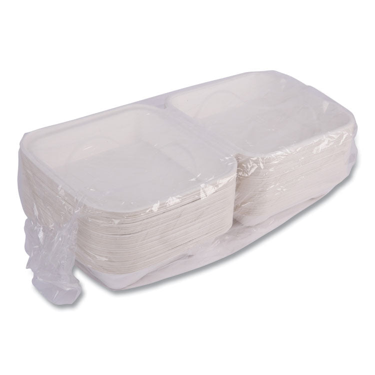 Molded Fiber Hinged Clamshell Containers, 8 x 8 x 3, White, Sugarcane, 200/Carton