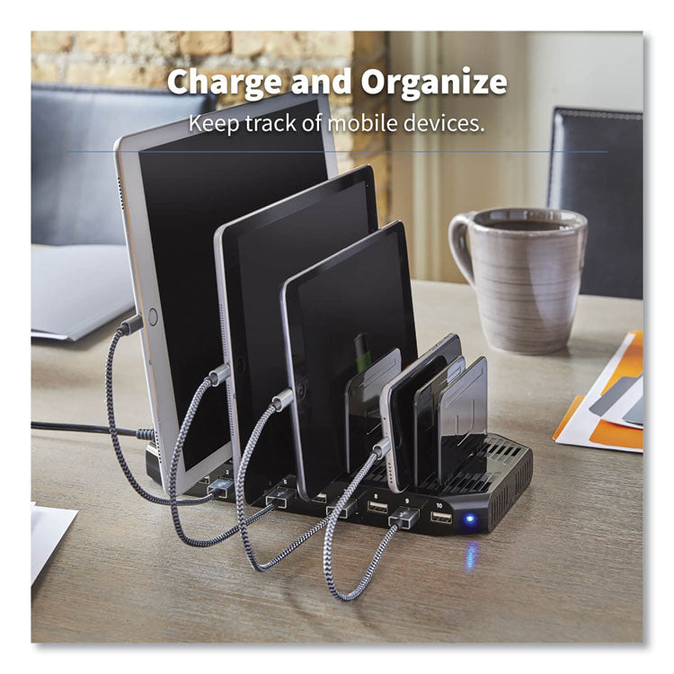 Desktop Charging Station with Adjustable Storage, 10 Devices, 9.4 x 4.7 x 1, Black