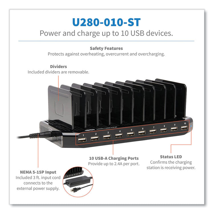 Desktop Charging Station with Adjustable Storage, 10 Devices, 9.4 x 4.7 x 1, Black