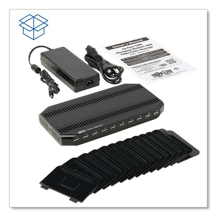 Desktop Charging Station with Adjustable Storage, 10 Devices, 9.4 x 4.7 x 1, Black