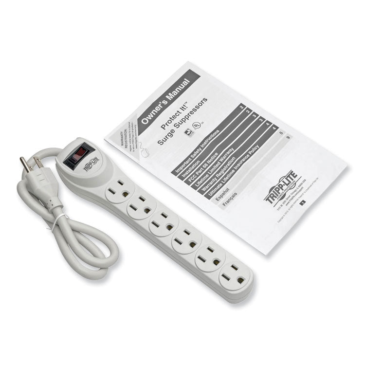 Protect It! Home Computer Surge Protector, 6 AC Outlets, 2 ft Cord, 180 J, Light Gray