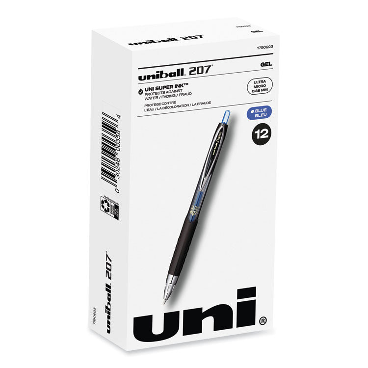 207 Ultra Micro Gel Pen, Retractable, Ultra-Micro 0.38 mm, Blue Ink, Clear/Black Barrel