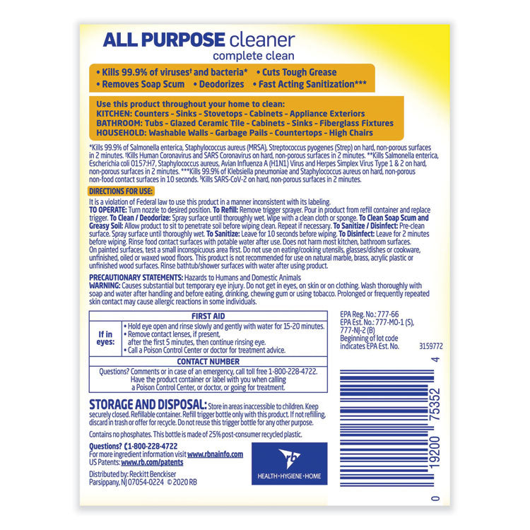 Ready-To-Use All-Purpose Cleaner, Lemon Breeze, 32 Oz Spray Bottle, 12/carton