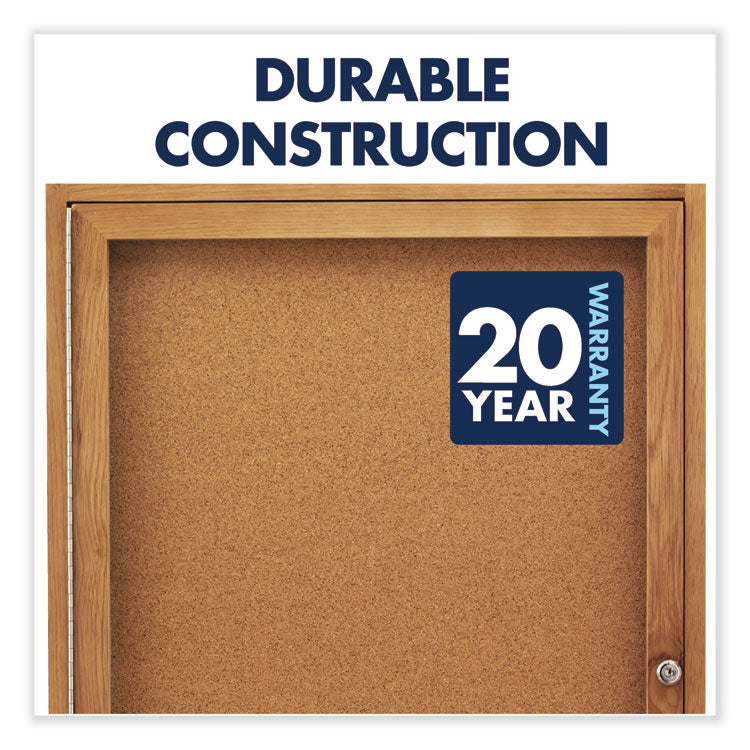 Enclosed Indoor Cork Bulletin Board with One Hinged Door, 24" x 36", Tan Surface, Oak Finished Fiberboard (MDF) Frame
