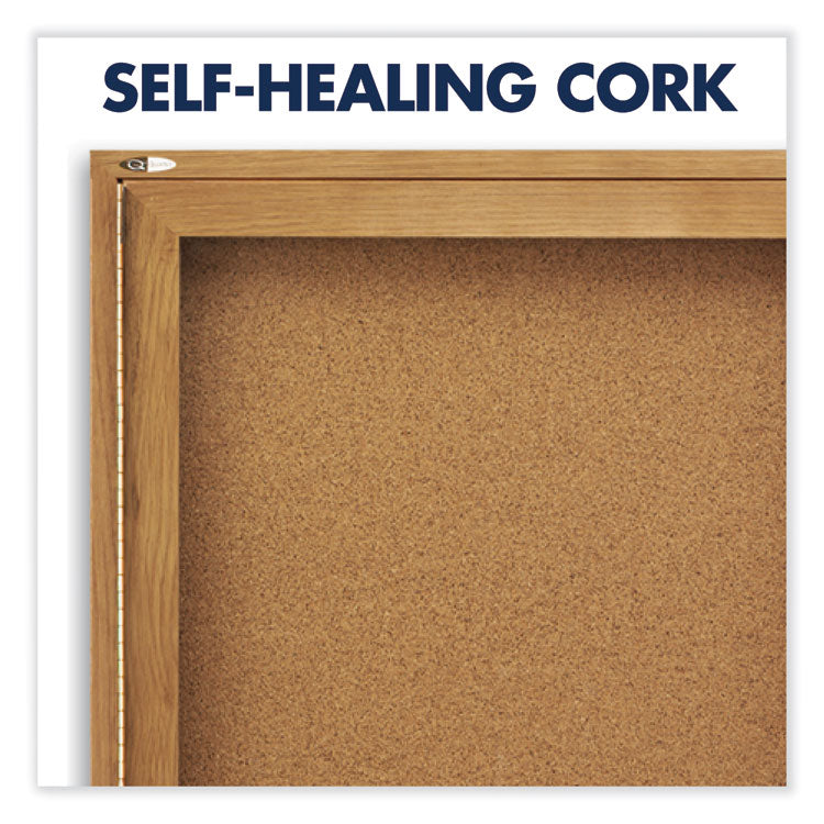 Enclosed Indoor Cork Bulletin Board with Three Hinged Doors, 72" x 48", Tan Surface, Oak Finished Fiberboard (MDF) Frame
