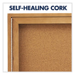 Enclosed Indoor Cork Bulletin Board with One Hinged Door, 24" x 36", Tan Surface, Oak Finished Fiberboard (MDF) Frame