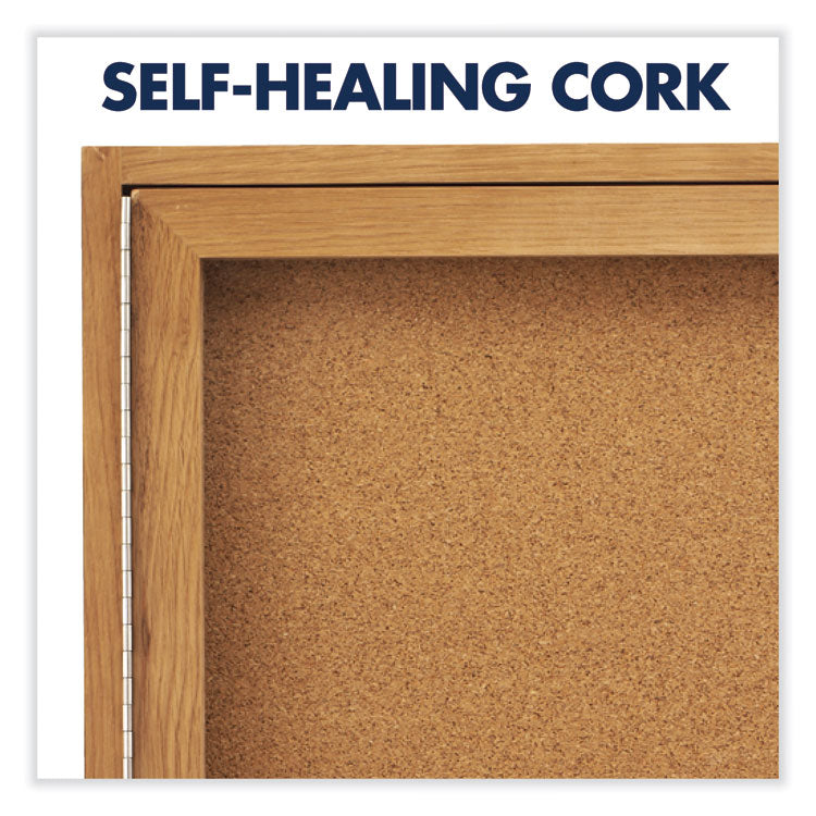 Enclosed Indoor Cork Bulletin Board with One Hinged Door, 24" x 36", Tan Surface, Oak Finished Fiberboard (MDF) Frame