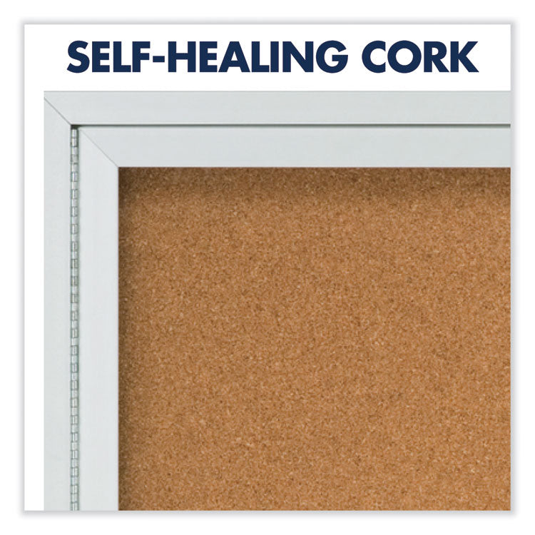 Enclosed Indoor Cork Bulletin Board with Three Hinged Doors, 72" x 36", Tan Surface, Satin Aluminum Frame