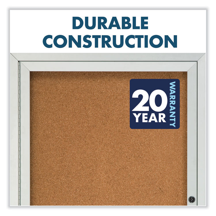 Enclosed Indoor Cork Bulletin Board with One Hinged Door, 24" x 36", Tan Surface, Satin Aluminum Frame
