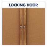 Enclosed Indoor Cork Bulletin Board with Three Hinged Doors, 72" x 48", Tan Surface, Oak Finished Fiberboard (MDF) Frame