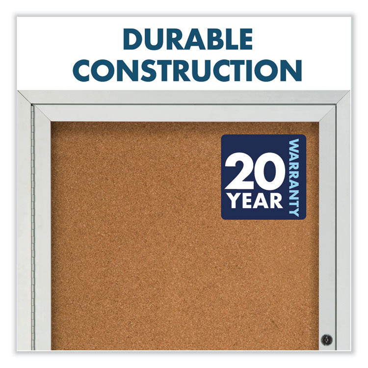 Enclosed Indoor Cork Bulletin Board with Three Hinged Doors, 72" x 36", Tan Surface, Satin Aluminum Frame