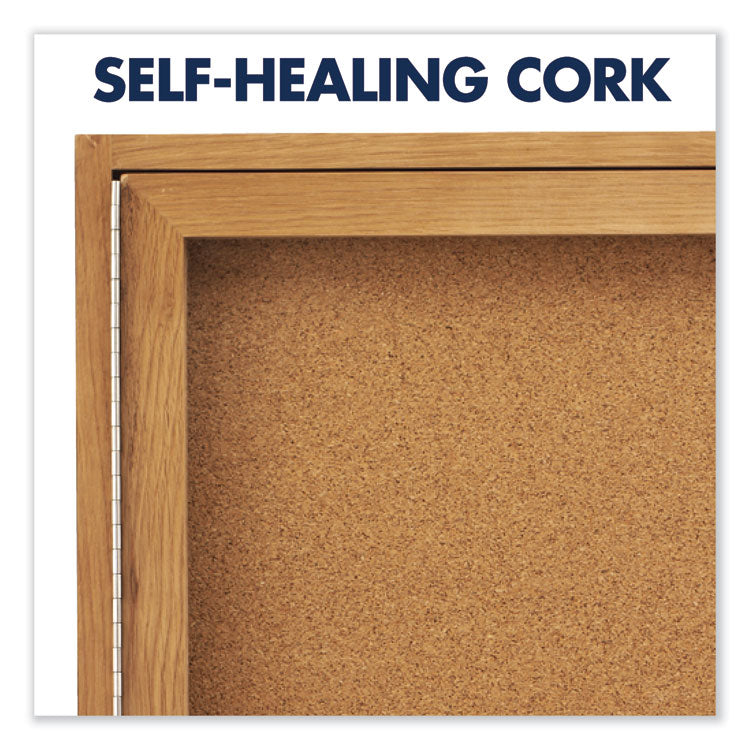 Enclosed Indoor Cork Bulletin Board with Two Hinged Doors, 48" x 36", Tan Surface, Oak Finished Fiberboard (MDF) Frame
