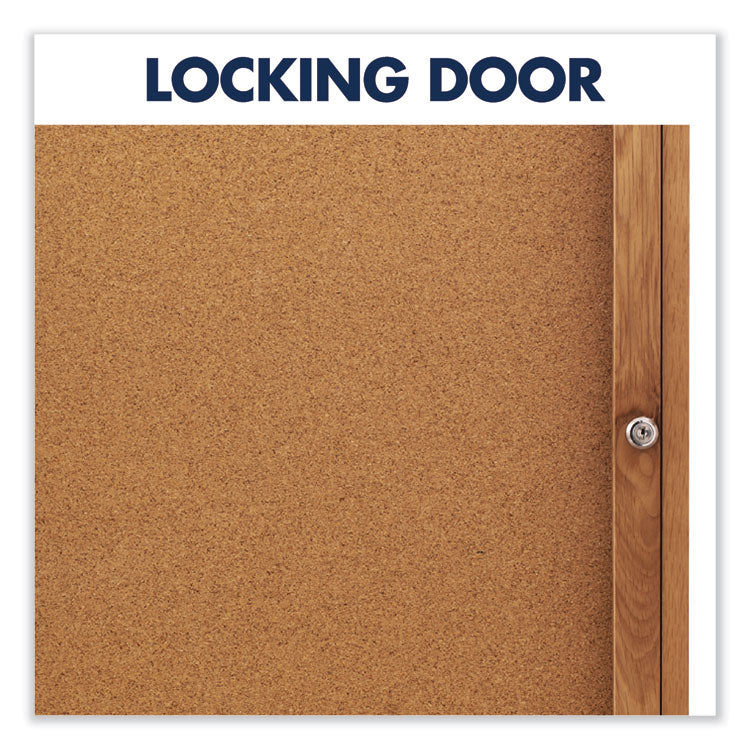Enclosed Indoor Cork Bulletin Board with Two Hinged Doors, 48" x 36", Tan Surface, Oak Finished Fiberboard (MDF) Frame