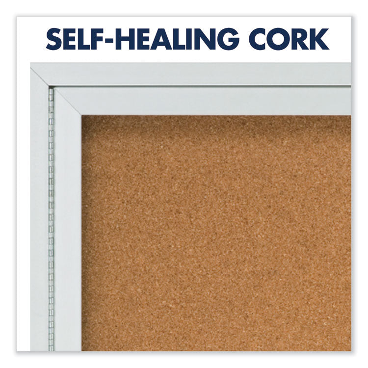 Enclosed Indoor Cork Bulletin Board with Two Hinged Doors, 48" x 36", Tan Surface, Satin Aluminum Frame