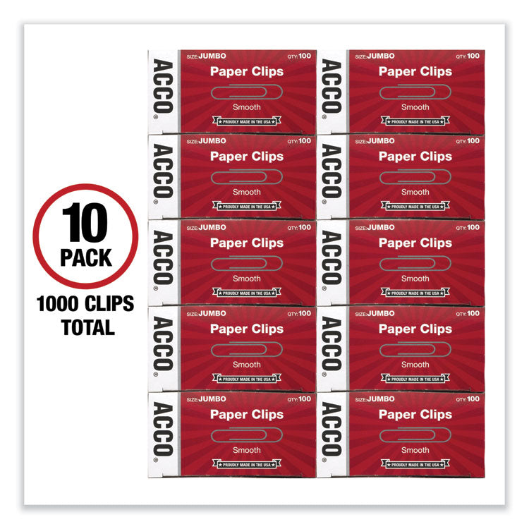 Paper Clips, Jumbo, Smooth, Silver, 100 Clips/Box, 10 Boxes/Pack