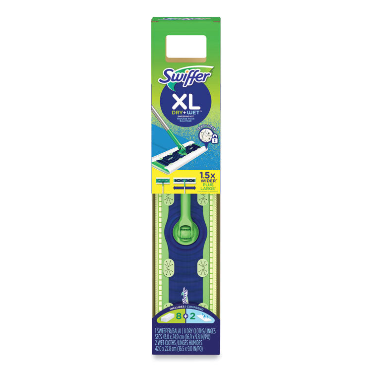 Sweeper Mop, XL Dry + Wet Sweeping Kit, 16.5 x 9 White Cloth Head, 46" Green/Silver Aluminum/Plastic Handle