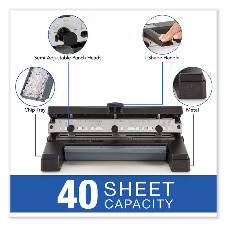 40-Sheet Heavy-Duty Two- To Four-Hole Adjustable Heavy-Duty Paper Punch, 9/32" Holes, Black