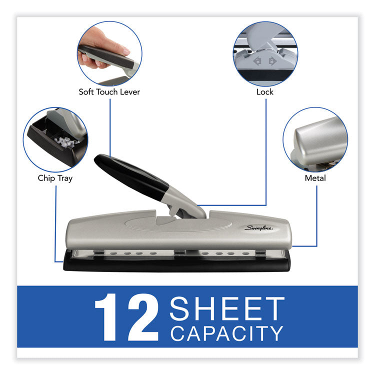 12-Sheet Lighttouch Desktop Two- To Three-Hole Punch, 9/32" Holes, Black/silver
