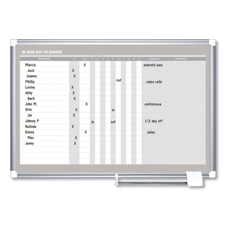 In-Out Magnetic Dry Erase Board, 18-Person Tracking, 36" x 24", White Surface, Satin Aluminum Frame