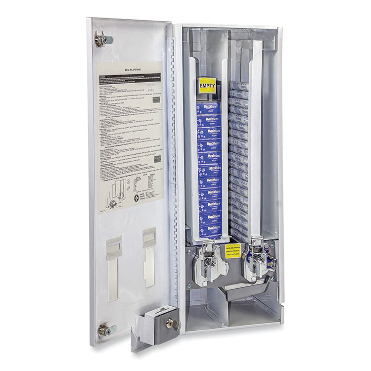 Dual Sanitary Napkin/Tampon Dispenser, 25 Cent Coin Mechanism, 11.13 x 7.63 x 26.38, White/Blue