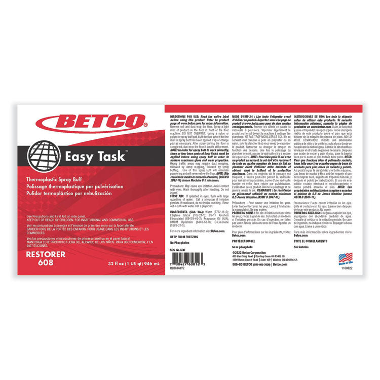 Easy Task Floor Finish, Clean Bouquet, 32 Oz Bottle, 12/carton